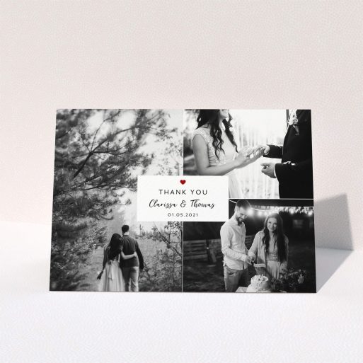 A wedding thank you card template titled "Portrait and Landscapes". It is an A5 card in a landscape orientation. It is a photographic wedding thank you card with room for 3 photos. "Portrait and Landscapes" is available as a folded card, with tones of white and red.