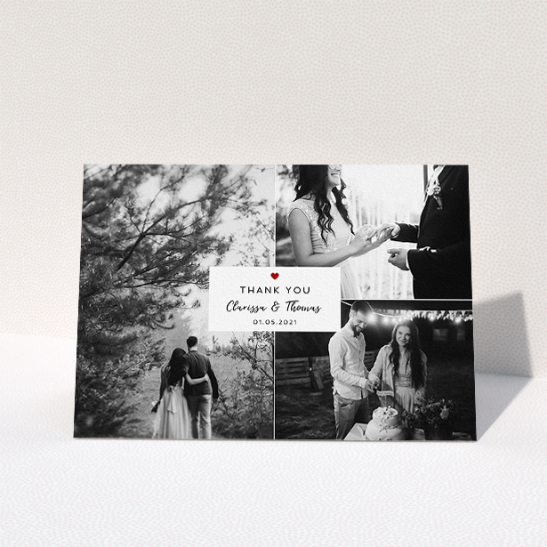 A wedding thank you card template titled "Portrait and Landscapes". It is an A5 card in a landscape orientation. It is a photographic wedding thank you card with room for 3 photos. "Portrait and Landscapes" is available as a folded card, with tones of white and red.