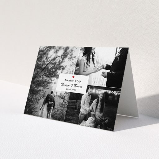 A wedding thank you card template titled 'Portrait and Landscapes'. It is an A5 card in a landscape orientation. It is a photographic wedding thank you card with room for 3 photos. 'Portrait and Landscapes' is available as a folded card, with tones of white and red.