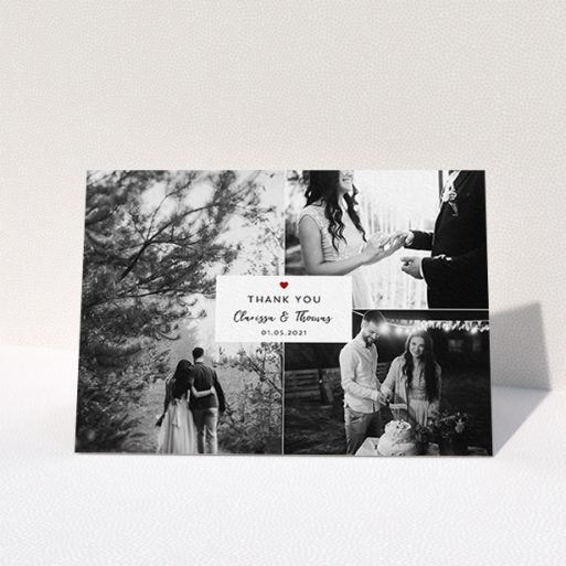 A wedding thank you card design named "Portrait and Landscapes". It is an A6 card in a landscape orientation. It is a photographic wedding thank you card with room for 3 photos. "Portrait and Landscapes" is available as a folded card, with tones of white and red.