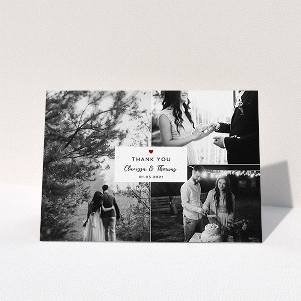 A wedding thank you card design named "Portrait and Landscapes". It is an A6 card in a landscape orientation. It is a photographic wedding thank you card with room for 3 photos. "Portrait and Landscapes" is available as a folded card, with tones of white and red.
