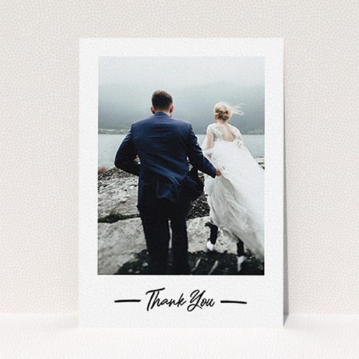 A wedding thank you card design titled "Portrait Thank You Photo". It is an A6 card in a portrait orientation. It is a photographic wedding thank you card with room for 1 photo. "Portrait Thank You Photo" is available as a flat card, with mainly white colouring.