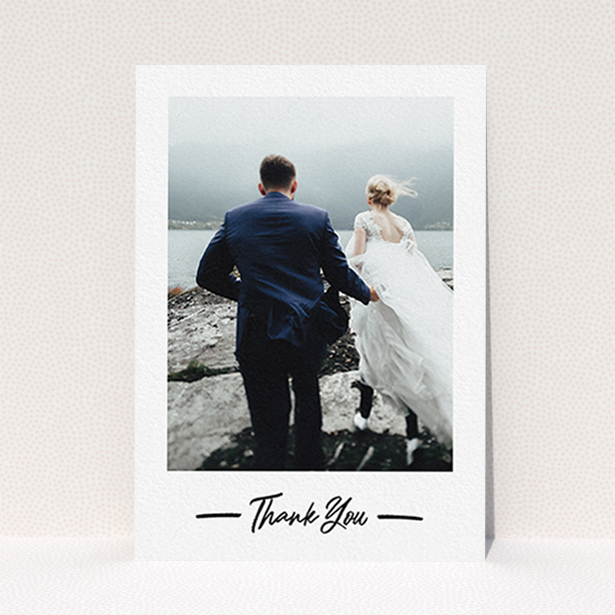 A wedding thank you card design titled "Portrait Thank You Photo". It is an A6 card in a portrait orientation. It is a photographic wedding thank you card with room for 1 photo. "Portrait Thank You Photo" is available as a flat card, with mainly white colouring.