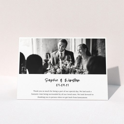 A wedding thank you card called "Printed Thank You Message". It is an A5 card in a landscape orientation. It is a photographic wedding thank you card with room for 1 photo. "Printed Thank You Message" is available as a folded card, with mainly white colouring.