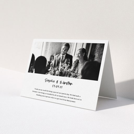 A wedding thank you card called 'Printed Thank You Message'. It is an A5 card in a landscape orientation. It is a photographic wedding thank you card with room for 1 photo. 'Printed Thank You Message' is available as a folded card, with mainly white colouring.