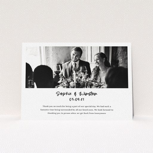 A wedding thank you card design called "Printed Thank You Message". It is an A6 card in a landscape orientation. It is a photographic wedding thank you card with room for 1 photo. "Printed Thank You Message" is available as a flat card, with mainly white colouring.
