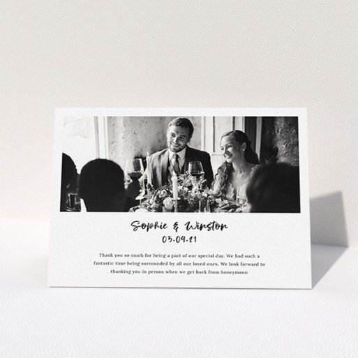 A wedding thank you card template titled "Printed Thank You Message". It is an A6 card in a landscape orientation. It is a photographic wedding thank you card with room for 1 photo. "Printed Thank You Message" is available as a folded card, with mainly white colouring.