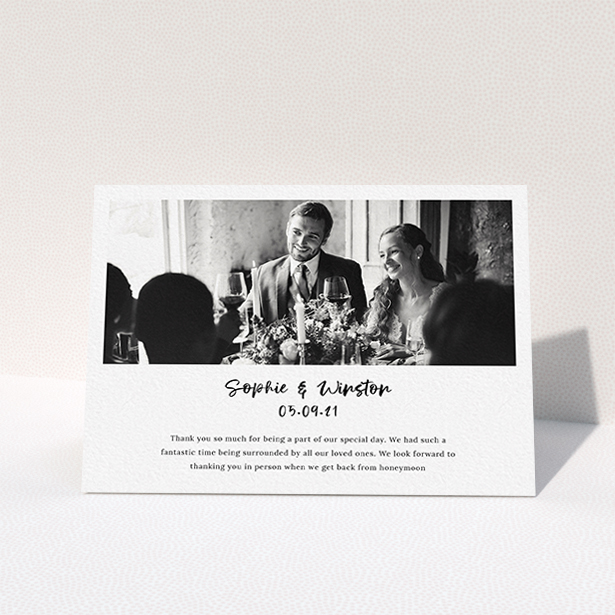A wedding thank you card template titled "Printed Thank You Message". It is an A6 card in a landscape orientation. It is a photographic wedding thank you card with room for 1 photo. "Printed Thank You Message" is available as a folded card, with mainly white colouring.