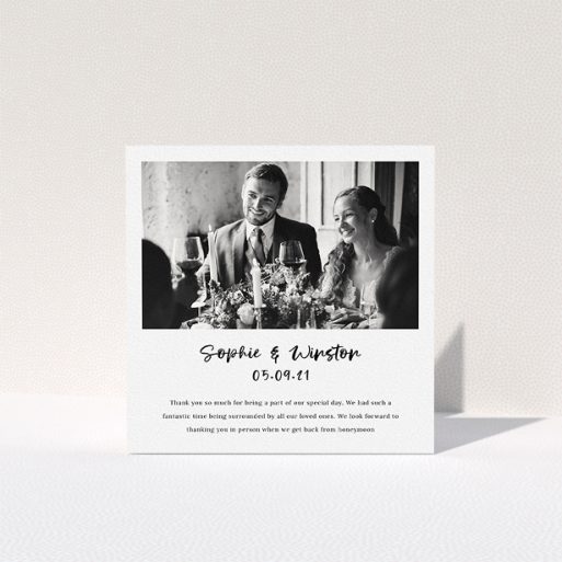 A wedding thank you card template titled "Printed Thank You Message". It is a square (148mm x 148mm) card in a square orientation. It is a photographic wedding thank you card with room for 1 photo. "Printed Thank You Message" is available as a folded card, with mainly white colouring.