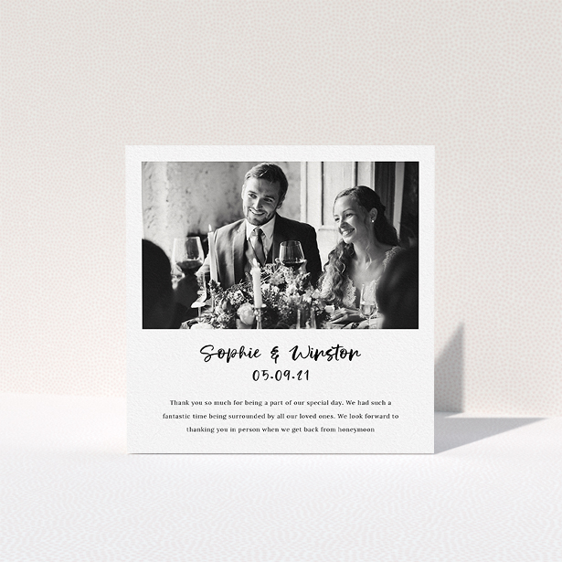 A wedding thank you card template titled "Printed Thank You Message". It is a square (148mm x 148mm) card in a square orientation. It is a photographic wedding thank you card with room for 1 photo. "Printed Thank You Message" is available as a folded card, with mainly white colouring.