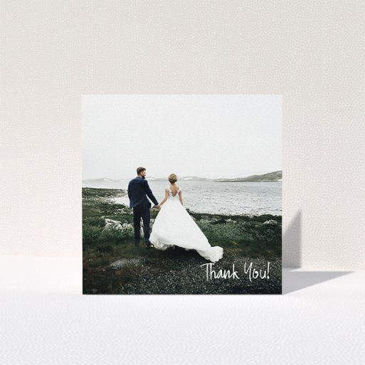 A wedding thank you card design titled "Rough but Simple Photo". It is a square (148mm x 148mm) card in a square orientation. It is a photographic wedding thank you card with room for 1 photo. "Rough but Simple Photo" is available as a folded card, with mainly white colouring.