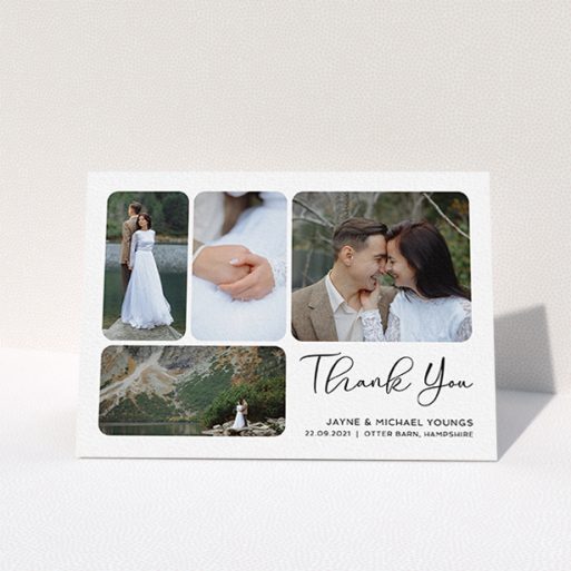 A wedding thank you card called "Rounded 4-photo Arrangement". It is an A6 card in a landscape orientation. It is a photographic wedding thank you card with room for 4 photos. "Rounded 4-photo Arrangement" is available as a folded card, with mainly white colouring.