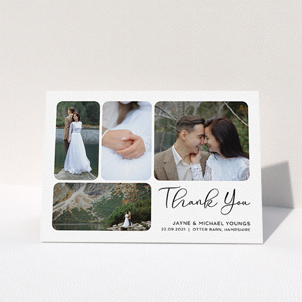 A wedding thank you card called "Rounded 4-photo Arrangement". It is an A6 card in a landscape orientation. It is a photographic wedding thank you card with room for 4 photos. "Rounded 4-photo Arrangement" is available as a folded card, with mainly white colouring.