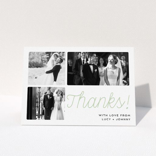 A wedding thank you card design named "Rounded Photo Tryptic". It is an A5 card in a landscape orientation. It is a photographic wedding thank you card with room for 3 photos. "Rounded Photo Tryptic" is available as a folded card, with tones of white and green.