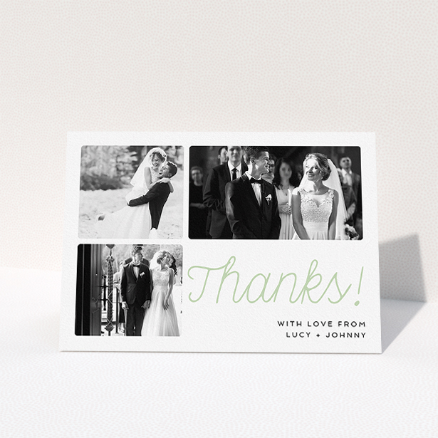 A wedding thank you card design named "Rounded Photo Tryptic". It is an A5 card in a landscape orientation. It is a photographic wedding thank you card with room for 3 photos. "Rounded Photo Tryptic" is available as a folded card, with tones of white and green.