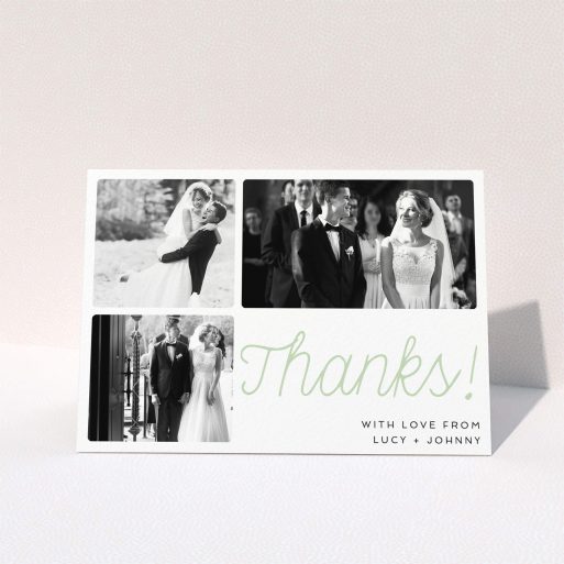 A wedding thank you card template titled "Rounded Photo Tryptic". It is an A6 card in a landscape orientation. It is a photographic wedding thank you card with room for 3 photos. "Rounded Photo Tryptic" is available as a folded card, with tones of white and green.