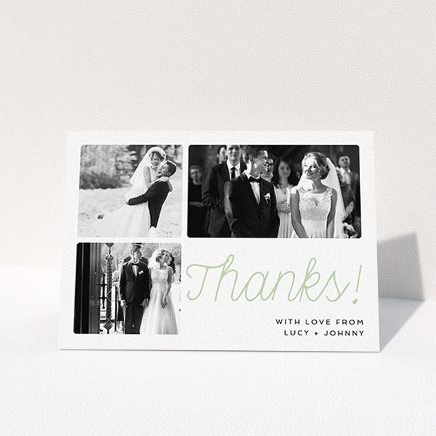 A wedding thank you card template titled "Rounded Photo Tryptic". It is an A6 card in a landscape orientation. It is a photographic wedding thank you card with room for 3 photos. "Rounded Photo Tryptic" is available as a folded card, with tones of white and green.