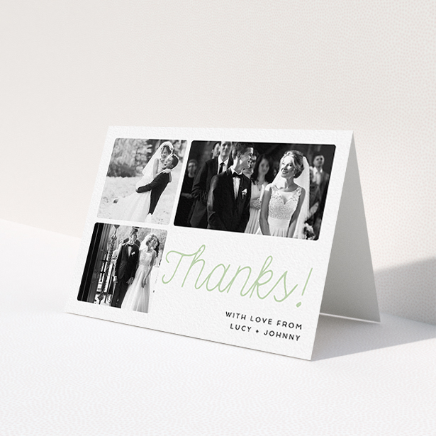A wedding thank you card template titled 'Rounded Photo Tryptic'. It is an A6 card in a landscape orientation. It is a photographic wedding thank you card with room for 3 photos. 'Rounded Photo Tryptic' is available as a folded card, with tones of white and green.