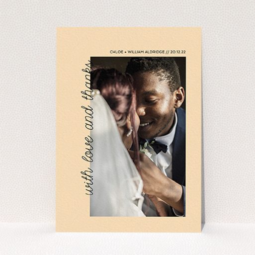 A wedding thank you card design named "Rustic Orange Photo Frame". It is an A6 card in a portrait orientation. It is a photographic wedding thank you card with room for 1 photo. "Rustic Orange Photo Frame" is available as a flat card, with mainly faded orange colouring.