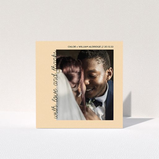 A wedding thank you card design titled "Rustic Orange Photo Frame". It is a square (148mm x 148mm) card in a square orientation. It is a photographic wedding thank you card with room for 1 photo. "Rustic Orange Photo Frame" is available as a folded card, with mainly faded orange colouring.