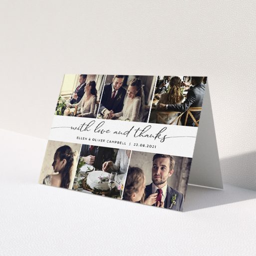 A wedding thank you card design named 'Script Phot Centre'. It is an A5 card in a landscape orientation. It is a photographic wedding thank you card with room for 6 photos. 'Script Phot Centre' is available as a folded card, with mainly white colouring.