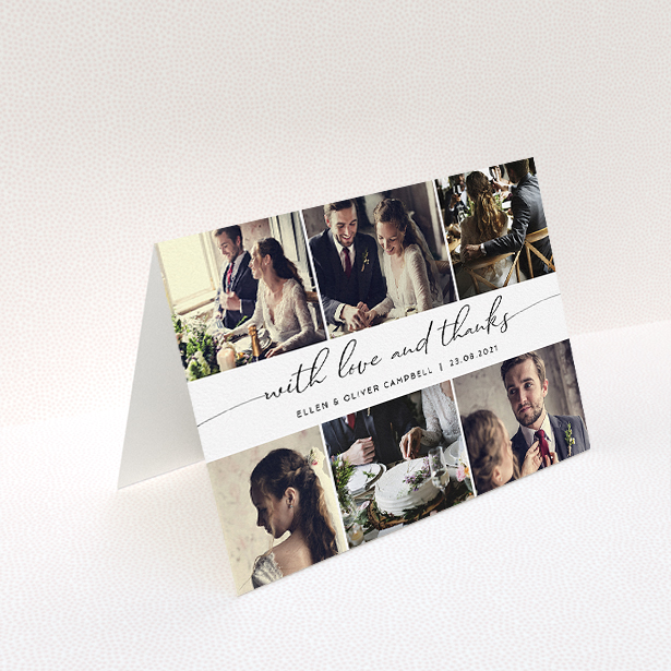 A wedding thank you card design named "Script Phot Centre". It is an A5 card in a landscape orientation. It is a photographic wedding thank you card with room for 6 photos. "Script Phot Centre" is available as a folded card, with mainly white colouring.