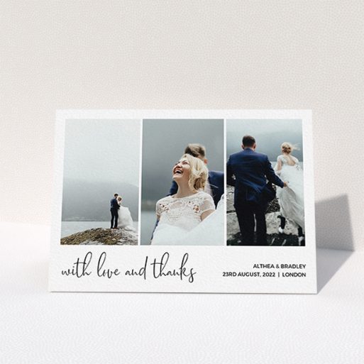 A wedding thank you card design called "Script Tryptic". It is an A6 card in a landscape orientation. It is a photographic wedding thank you card with room for 3 photos. "Script Tryptic" is available as a folded card, with mainly white colouring.