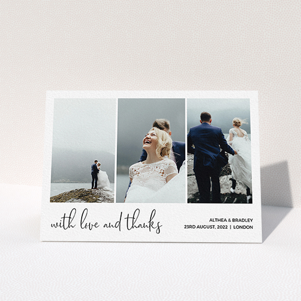 A wedding thank you card design called "Script Tryptic". It is an A6 card in a landscape orientation. It is a photographic wedding thank you card with room for 3 photos. "Script Tryptic" is available as a folded card, with mainly white colouring.