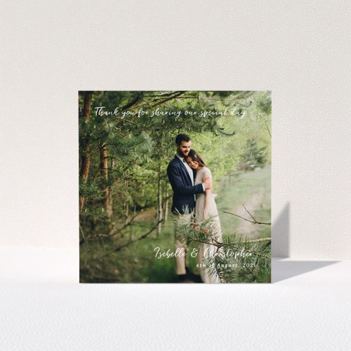 A wedding thank you card design called "Scripted". It is a square (148mm x 148mm) card in a square orientation. It is a photographic wedding thank you card with room for 1 photo. "Scripted" is available as a folded card, with mainly white colouring.