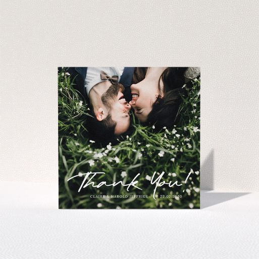 A wedding thank you card design named "Simple Appreciation". It is a square (148mm x 148mm) card in a square orientation. It is a photographic wedding thank you card with room for 1 photo. "Simple Appreciation" is available as a folded card, with mainly white colouring.