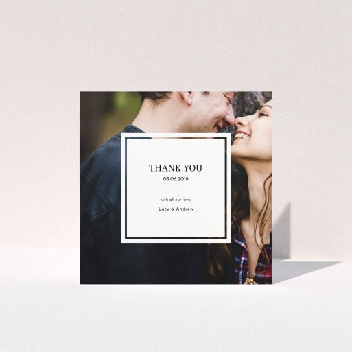 A wedding thank you card called "Simple little square". It is a square (148mm x 148mm) card in a square orientation. It is a photographic wedding thank you card with room for 1 photo. "Simple little square" is available as a folded card, with mainly white colouring.