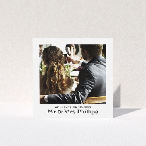 A wedding thank you card called "Simple Photo Frame". It is a square (148mm x 148mm) card in a square orientation. It is a photographic wedding thank you card with room for 1 photo. "Simple Photo Frame" is available as a folded card, with mainly white colouring.