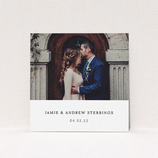 A wedding thank you card template titled "Simple, Portrait Thank You". It is a square (148mm x 148mm) card in a square orientation. It is a photographic wedding thank you card with room for 1 photo. "Simple, Portrait Thank You" is available as a flat card, with mainly white colouring.
