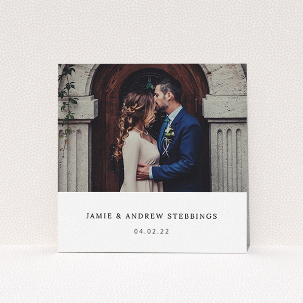 A wedding thank you card template titled "Simple, Portrait Thank You". It is a square (148mm x 148mm) card in a square orientation. It is a photographic wedding thank you card with room for 1 photo. "Simple, Portrait Thank You" is available as a flat card, with mainly white colouring.