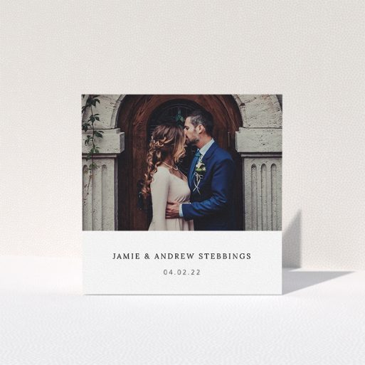 A wedding thank you card called "Simple, Portrait Thank You". It is a square (148mm x 148mm) card in a square orientation. It is a photographic wedding thank you card with room for 1 photo. "Simple, Portrait Thank You" is available as a folded card, with mainly white colouring.