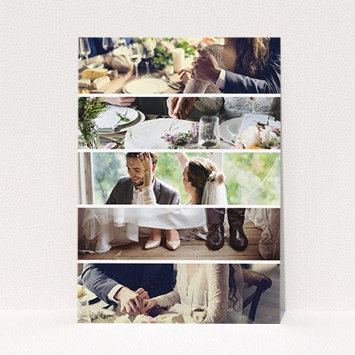 A wedding thank you card design titled "Split into five". It is an A6 card in a portrait orientation. It is a photographic wedding thank you card with room for 3 photos. "Split into five" is available as a flat card, with mainly white colouring.