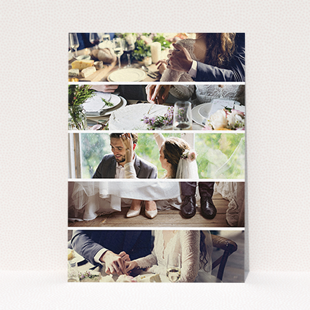 A wedding thank you card design titled "Split into five". It is an A6 card in a portrait orientation. It is a photographic wedding thank you card with room for 3 photos. "Split into five" is available as a flat card, with mainly white colouring.