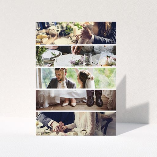 A wedding thank you card named "Split into five". It is an A6 card in a portrait orientation. It is a photographic wedding thank you card with room for 3 photos. "Split into five" is available as a folded card, with mainly white colouring.