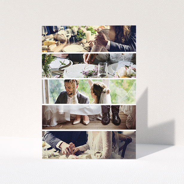 A wedding thank you card named "Split into five". It is an A6 card in a portrait orientation. It is a photographic wedding thank you card with room for 3 photos. "Split into five" is available as a folded card, with mainly white colouring.