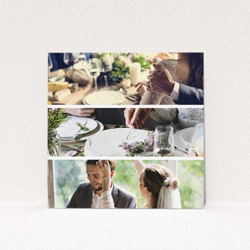 A wedding thank you card design titled "Split into five". It is a square (148mm x 148mm) card in a square orientation. It is a photographic wedding thank you card with room for 3 photos. "Split into five" is available as a flat card, with mainly white colouring.