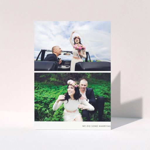 A wedding thank you card named "Split into two". It is an A5 card in a portrait orientation. It is a photographic wedding thank you card with room for 2 photos. "Split into two" is available as a folded card, with mainly white colouring.