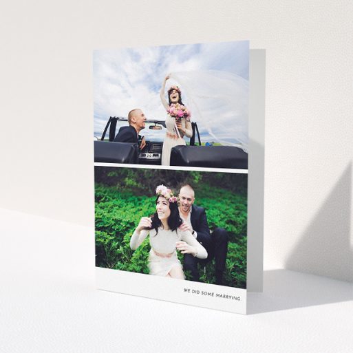 A wedding thank you card named 'Split into two'. It is an A5 card in a portrait orientation. It is a photographic wedding thank you card with room for 2 photos. 'Split into two' is available as a folded card, with mainly white colouring.