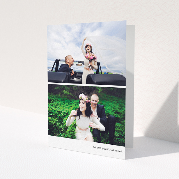 A wedding thank you card named "Split into two". It is an A5 card in a portrait orientation. It is a photographic wedding thank you card with room for 2 photos. "Split into two" is available as a folded card, with mainly white colouring.