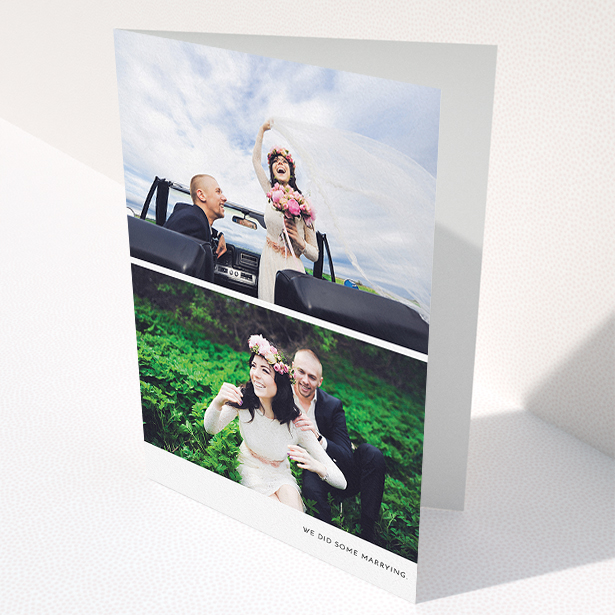A wedding thank you card named "Split into two". It is an A5 card in a portrait orientation. It is a photographic wedding thank you card with room for 2 photos. "Split into two" is available as a folded card, with mainly white colouring.