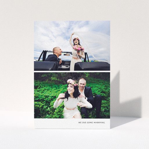 A wedding thank you card called "Split into two". It is an A6 card in a portrait orientation. It is a photographic wedding thank you card with room for 2 photos. "Split into two" is available as a folded card, with mainly white colouring.