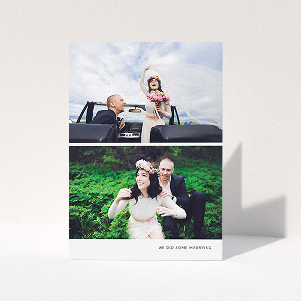 A wedding thank you card called "Split into two". It is an A6 card in a portrait orientation. It is a photographic wedding thank you card with room for 2 photos. "Split into two" is available as a folded card, with mainly white colouring.