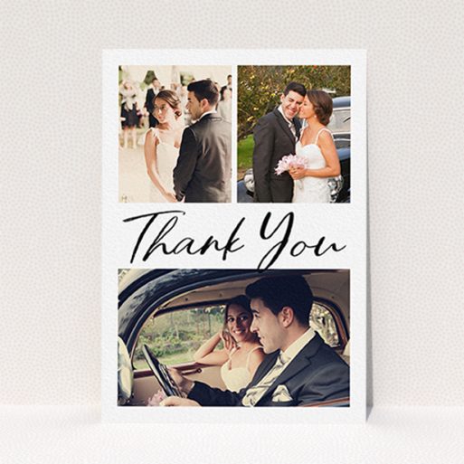 A wedding thank you card template titled "Thank You On Top". It is an A6 card in a portrait orientation. It is a photographic wedding thank you card with room for 3 photos. "Thank You On Top" is available as a flat card, with mainly white colouring.