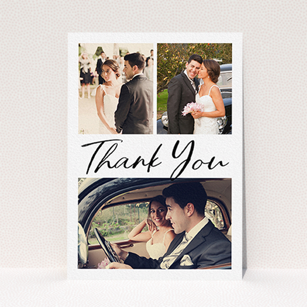 A wedding thank you card template titled "Thank You On Top". It is an A6 card in a portrait orientation. It is a photographic wedding thank you card with room for 3 photos. "Thank You On Top" is available as a flat card, with mainly white colouring.