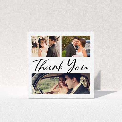 A wedding thank you card design titled "Thank You On Top". It is a square (148mm x 148mm) card in a square orientation. It is a photographic wedding thank you card with room for 3 photos. "Thank You On Top" is available as a folded card, with mainly white colouring.
