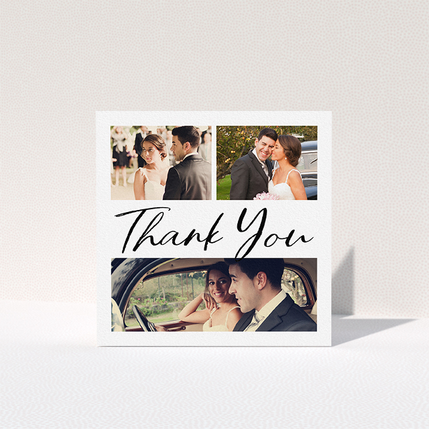 A wedding thank you card design titled "Thank You On Top". It is a square (148mm x 148mm) card in a square orientation. It is a photographic wedding thank you card with room for 3 photos. "Thank You On Top" is available as a folded card, with mainly white colouring.